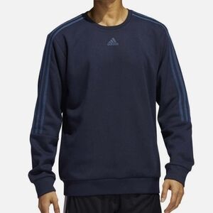 Adidas Fleece Sweater Mens Large Blue Solid Striped Crewneck Sweatshirt Pullover